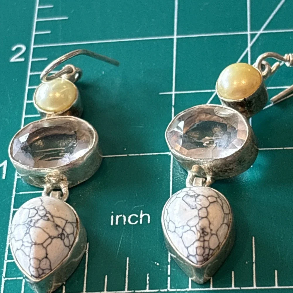 Dangle Earrings With Fresh Water Pearls, Faceted Crystal ,Teardrop Jasper